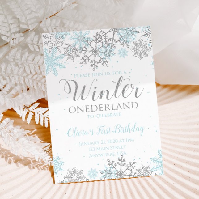 Convite Winter Onederland First Birthday Teal Snowflakes (Criador carregado)