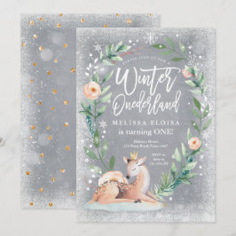 Convite Winter ONEderland Floral Silver Woodland Aniversár