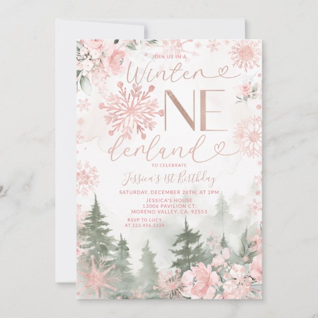 Convite Winter Onederland Forest Pink Snowflake Birthday (Frente)
