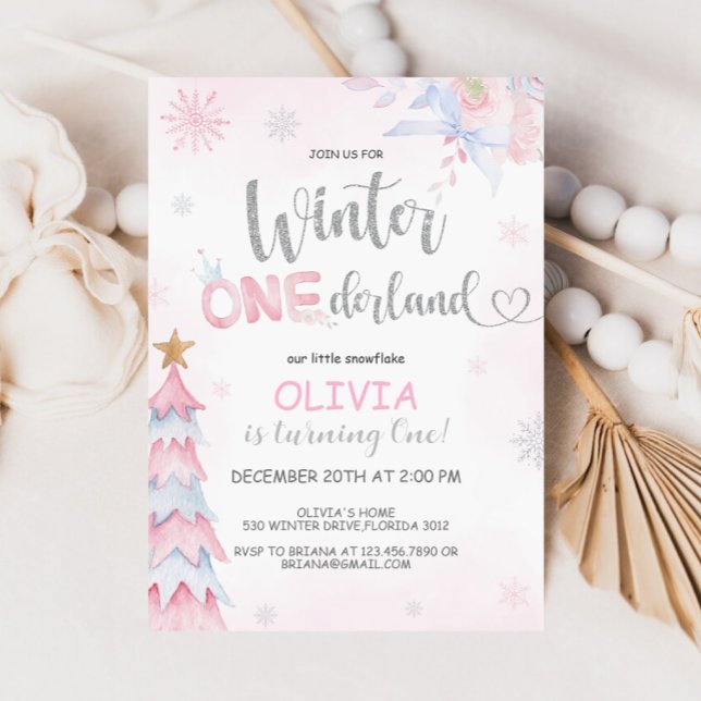Convite Winter Onederland Girl Birthday Pink Silver (Criador carregado)