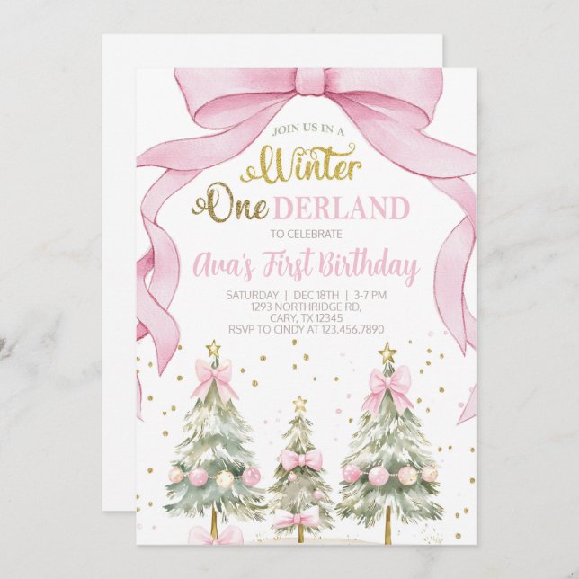 Convite Winter ONEderland girl Christmas birthday invite. (Frente/Verso)
