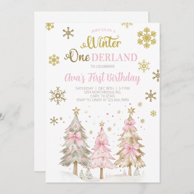 Convite Winter ONEderland girl Christmas birthday invite. (Frente/Verso)