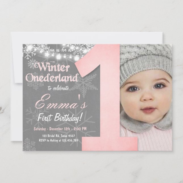 Convite Winter Onederland Girl Snowflake Birthday (Frente)