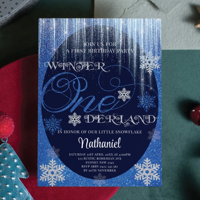 Convite Winter ONEderland Glitter Blue primeiro aniversari (Criador carregado)
