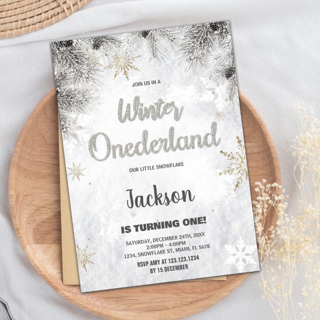 Convite Winter ONEderland Invtions Pine Silver Glitter (Winter ONEderland Invitations Pine Silver Glitter)