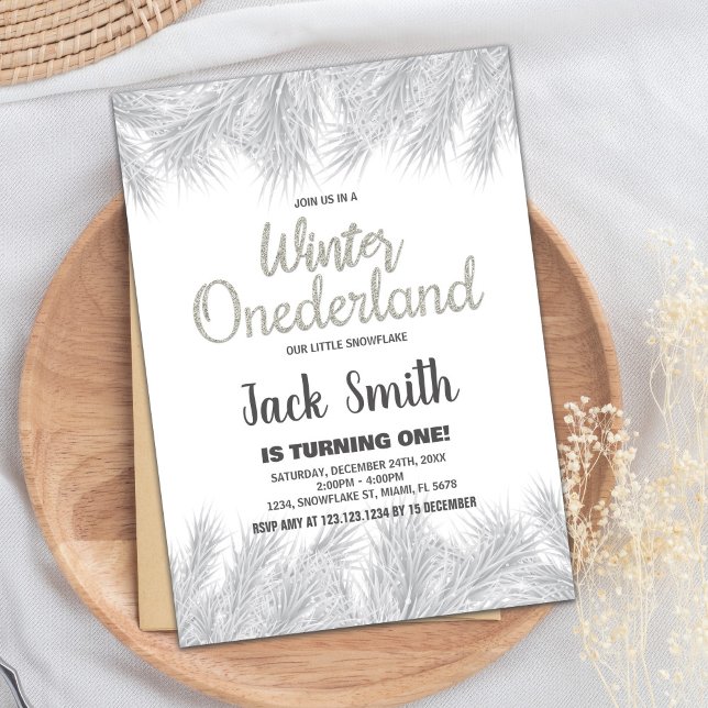 Convite Winter ONEderland Invtions Silver Glitter Pine (Winter ONEderland Invitations Silver Glitter Pine)