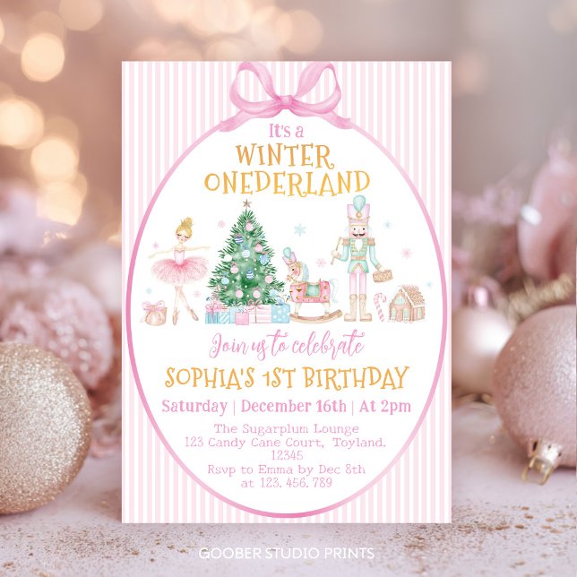 Convite Winter Onederland Nutcracker Pink Bow Birthday (Criador carregado)