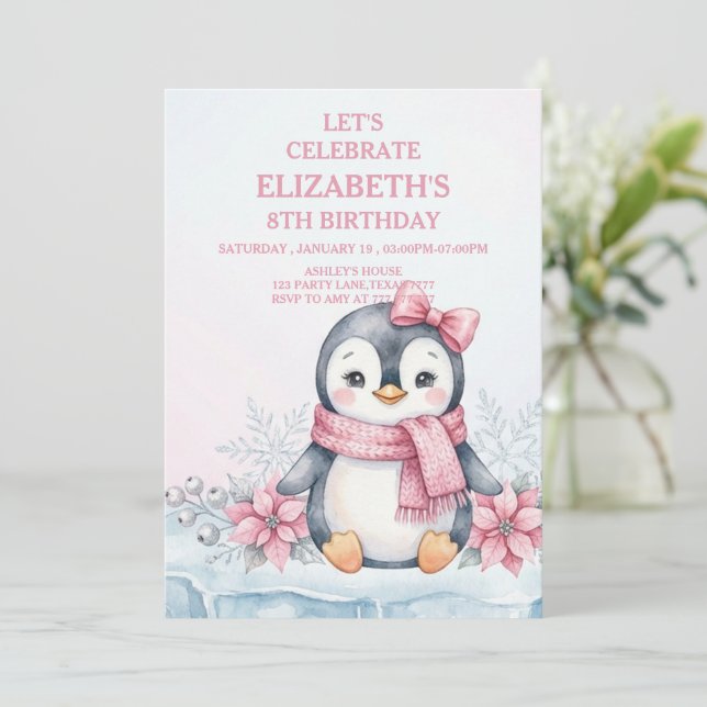 Convite Winter Onederland Penguin Girl Birthday (Em pé/Frente)