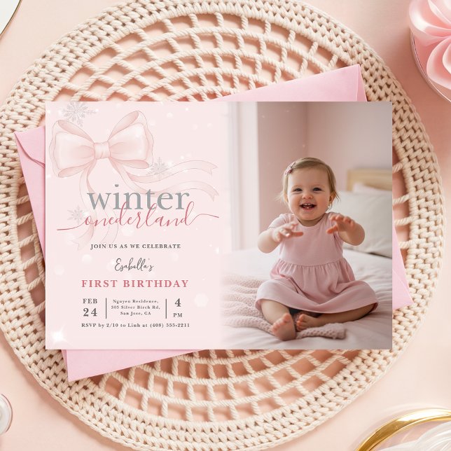 Convite Winter ONEderland Photo Pink Bow First Birthday (Criador carregado)