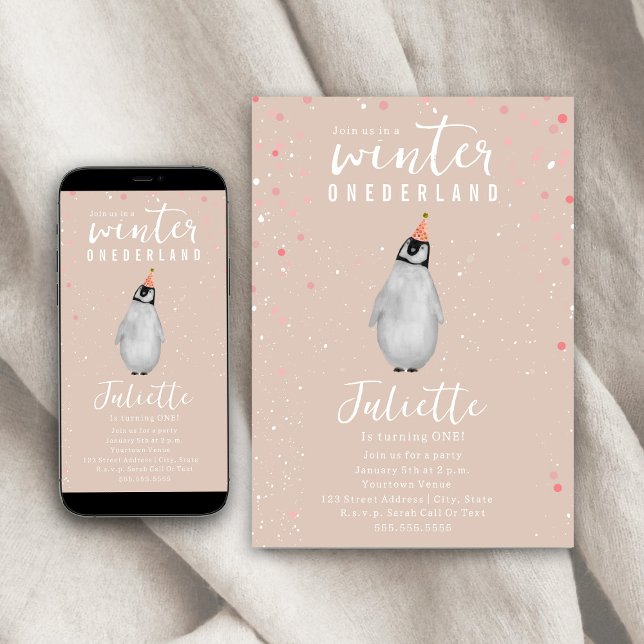 Convite Winter Onederland Pink Birthday Penguin Confetti (Criador carregado)