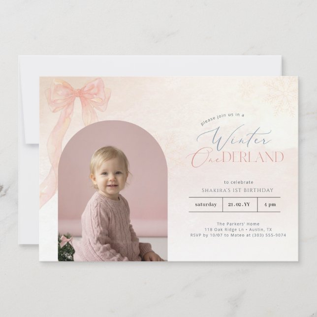 Convite Winter Onederland Pink Bow Arch Photo 1st Birthday (Frente)