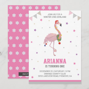 Convite Winter ONEderland Pink Flamingo 1rua Girls Birthda