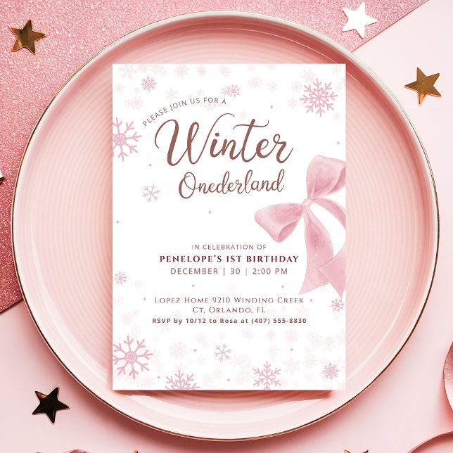 Convite Winter Onederland Pink Snowflake Bow 1st Birthday (Criador carregado)