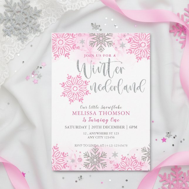 Convite Winter Onederland Pink Sparkle Snowflake Aniversár (Criador carregado)