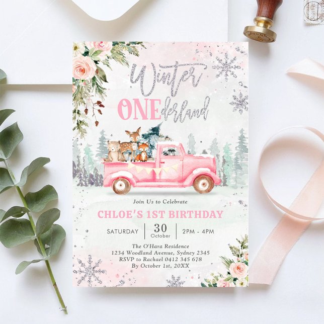 Convite Winter ONEderland Pink Truck Girl 1st Birthday (Criador carregado)