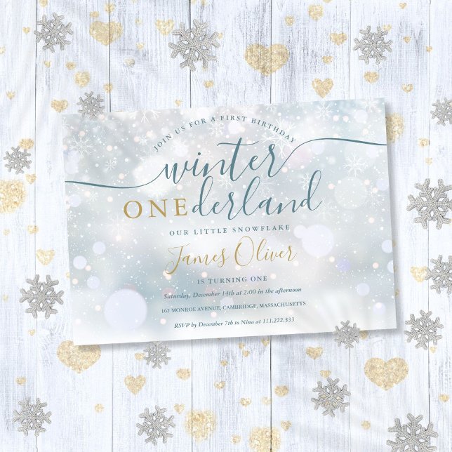 Convite Winter Onederland primeiro aniversario Blue E Dour (Winter Onederland 1st Birthday Blue And Gold Invitation)