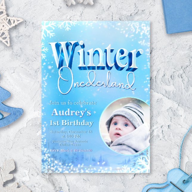 Convite Winter Onederland - primeiro aniversario com foto (Winter Onederland - 1st Birthday with Photo Invitation)