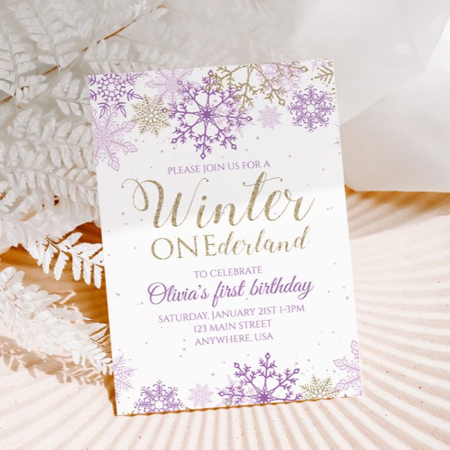 Convite Winter Onederland Purple e Dourado Floco de Neve I (Criador carregado)