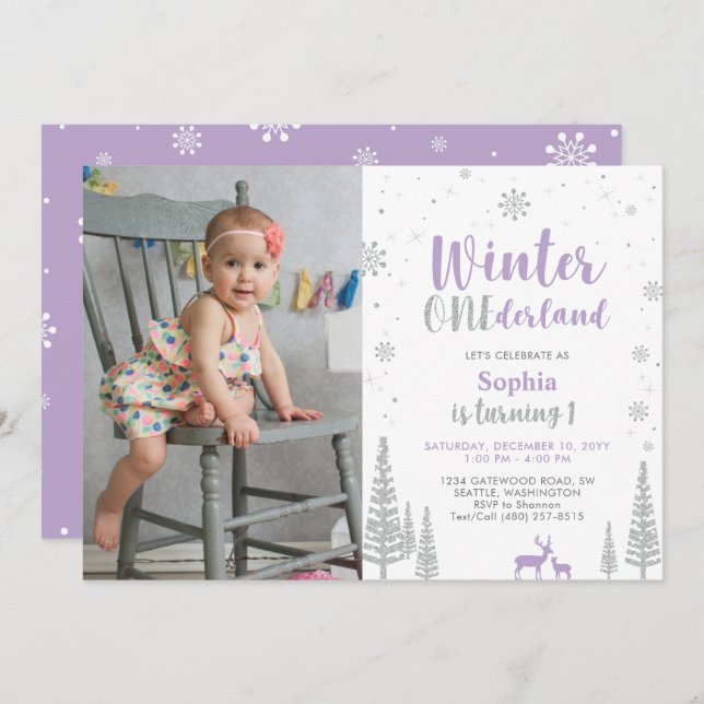 Convite Winter Onederland, Rapariga Primeira Foto Aniversá (Frente/Verso)