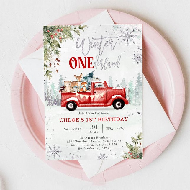 Convite Winter ONEderland Red Truck 1st Birthday (Criador carregado)