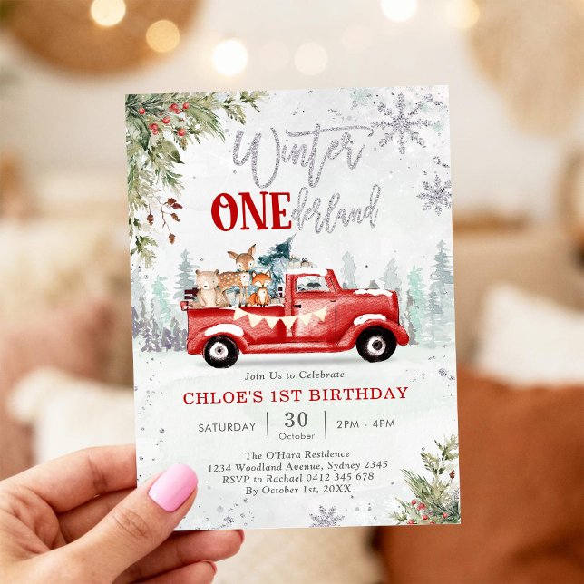 Convite Winter ONEderland Red Truck 1st Birthday Invitatio (Criador carregado)