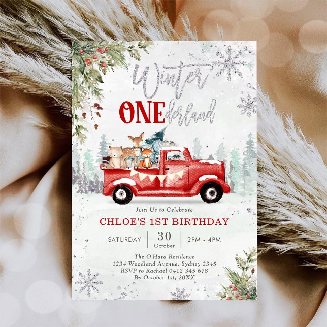 Convite Winter ONEderland Red Truck Birthday Invitation (Criador carregado)