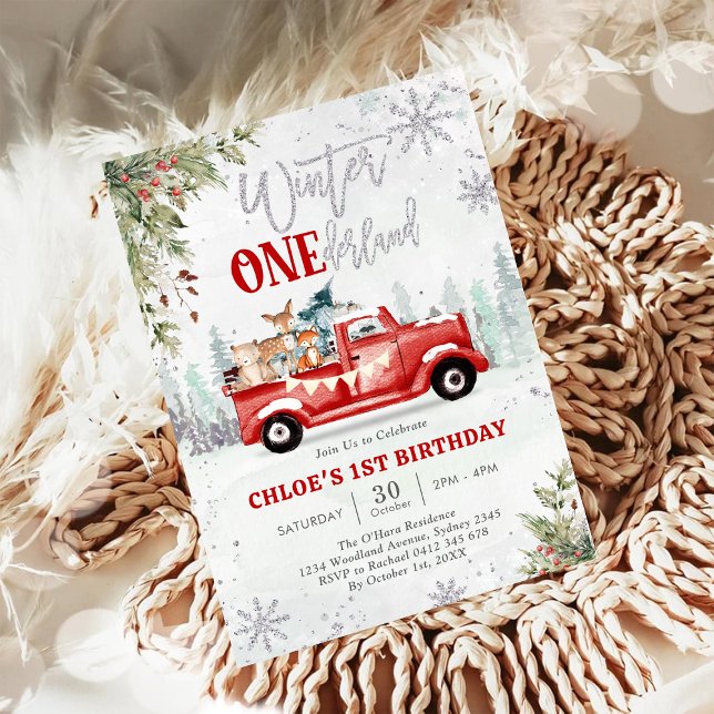 Convite Winter ONEderland Red Truck Girl 1st Birthday  (Criador carregado)