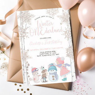 Convite Winter ONEderland Rosa Dourado Rosa 1º Aniversário