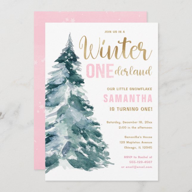 Convite Winter Onederland rosa primeiro aniversario Invi (Frente/Verso)