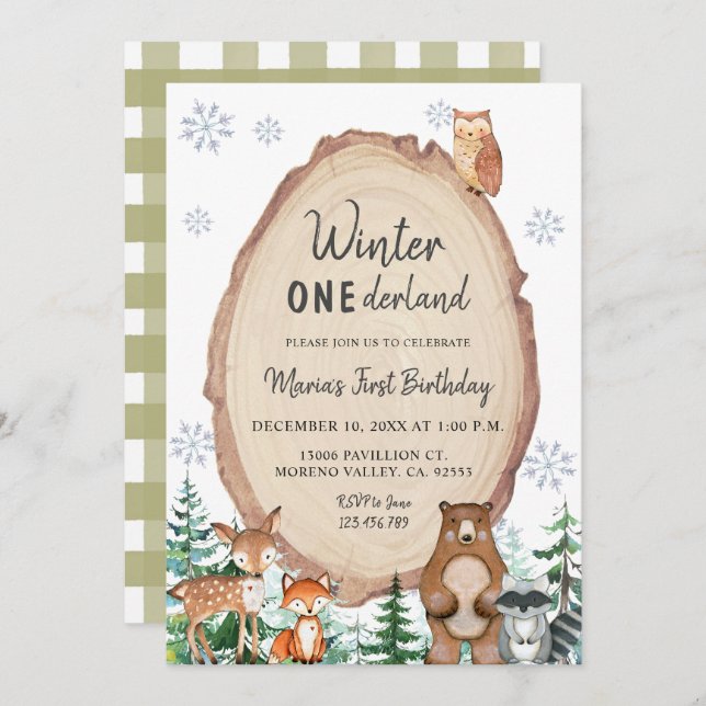 Convite Winter Onederland Rusland Woodland Animal Birthday (Frente/Verso)