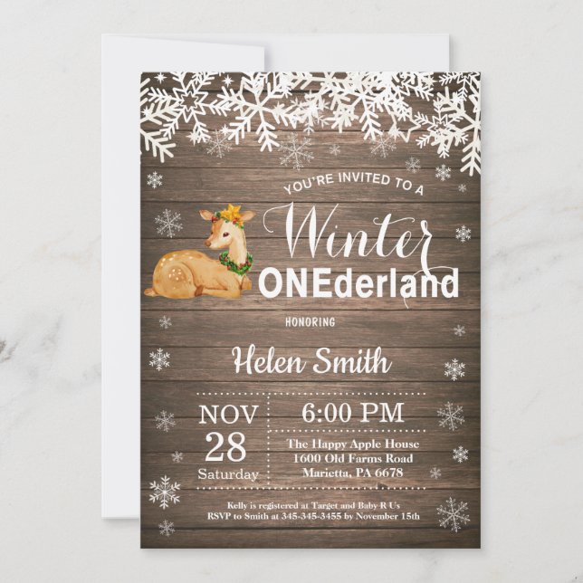 Convite Winter Onederland Rustic Deer primeiro aniversario (Frente)
