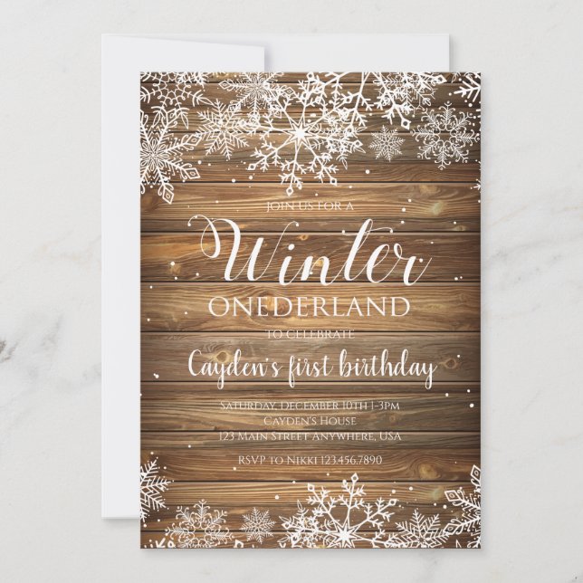 Convite Winter Onederland Rustic Snowflake e Wood (Frente)