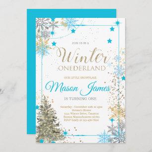 Convite WINTER ONEderland Silver Blue & Dourado primeiro a