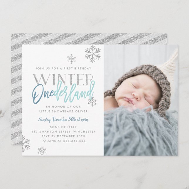 Convite Winter ONEderland Silver Blue primeiro aniversario (Frente/Verso)