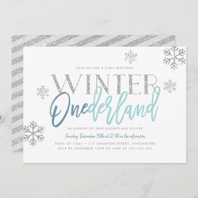 Convite Winter ONEderland Silver Glitter Blue primeiro ani (Frente/Verso)