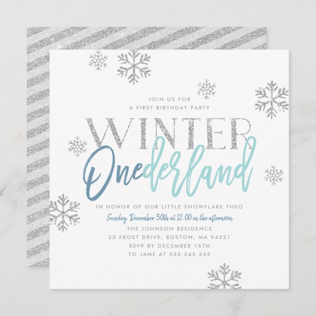 Convite Winter ONEderland Silver Glitter Blue primeiro ani (Frente/Verso)