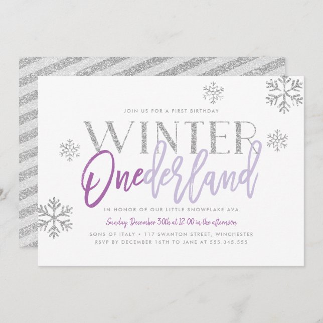 Convite Winter ONEderland Silver Glitz primeiro aniversari (Frente/Verso)