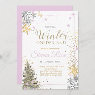 Convite WINTER ONEderland Silver Pink & Dourado primeiro a