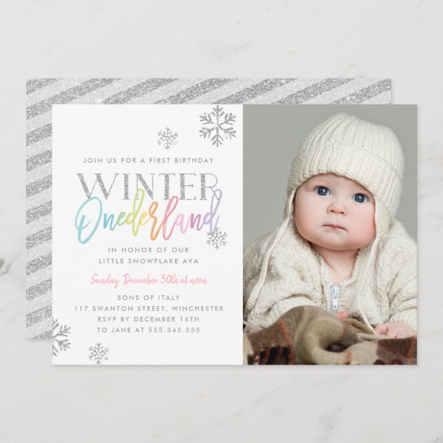 Convite Winter ONEderland Silver Rainbow 1rua Bday Foto (Frente/Verso)