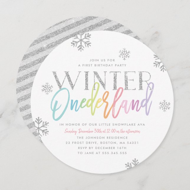 Convite Winter ONEderland Silver Rainbow primeiro aniversa (Frente/Verso)