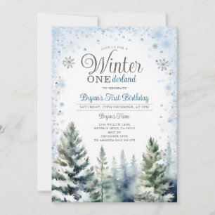 Convite Winter Onederland Silver Snowflakes Tree Aniversár