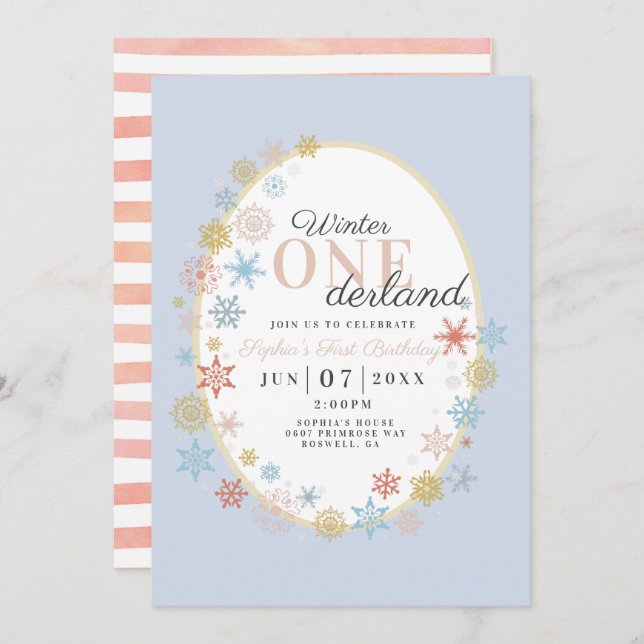Convite Winter Onederland Snowflake First Birday (Frente/Verso)