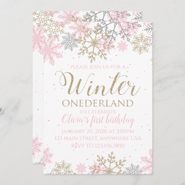 Convite Winter Onederland Snowflake First Birthday Invite (Frente/Verso)