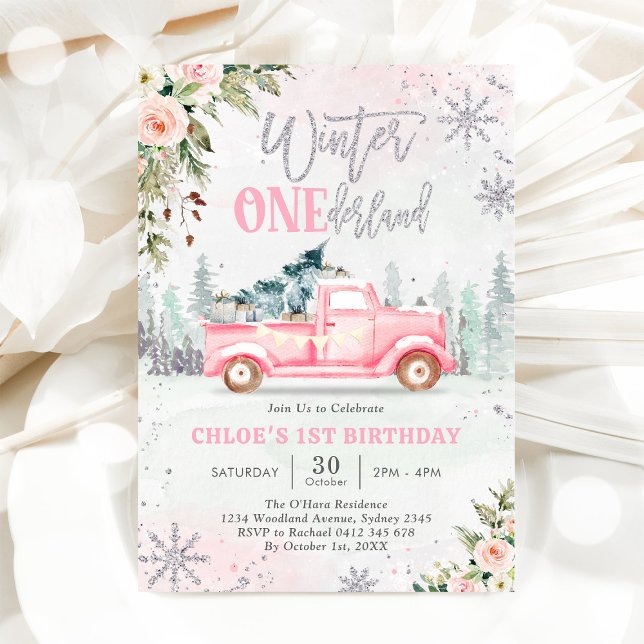Convite Winter ONEderland Truck Pink Girl 1st Birthday (Criador carregado)