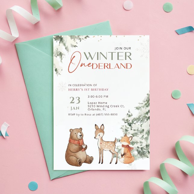 Convite Winter Onederland Watercolor Animal First Birthday (Criador carregado)