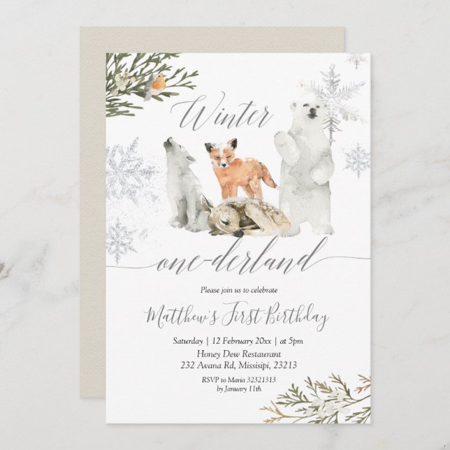 Convite Winter Onederland Woodland Animal Birday (Frente/Verso)