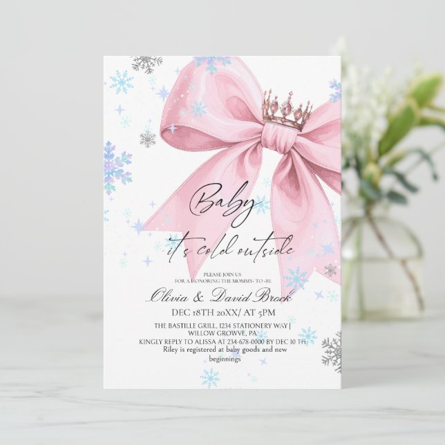 Convite Winter Pastel Pink Bow Baby Shower (Em pé/Frente)