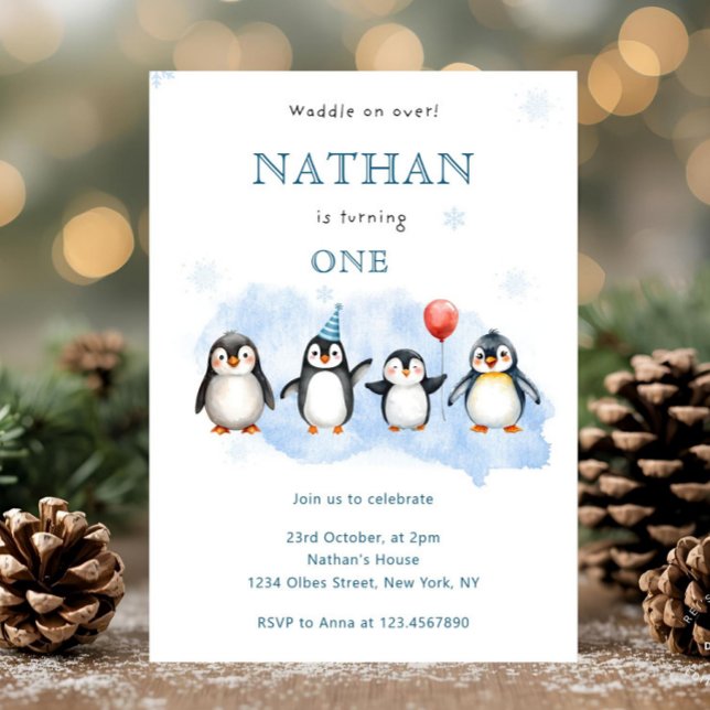 Convite Winter Penguin First Birthday Invitation (penguin birthday invitation,
penguin first birthday,
winter birthday invite,
arctic animal birthday,)