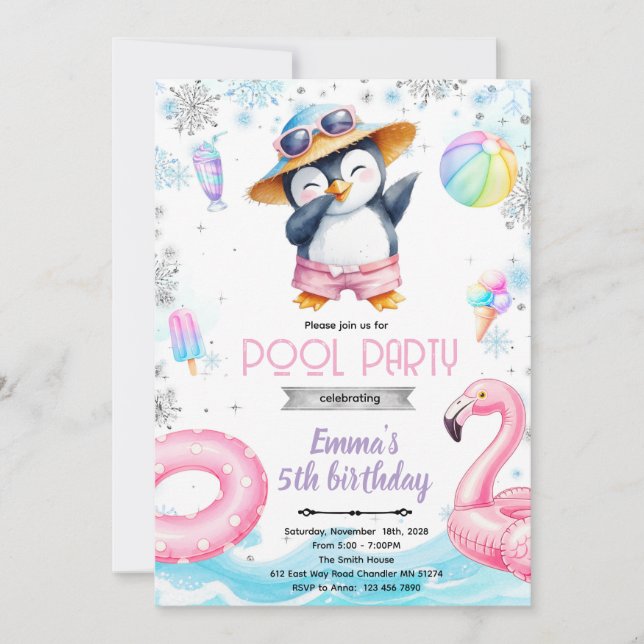 Convite Winter penguin pool theme invitation (Frente)