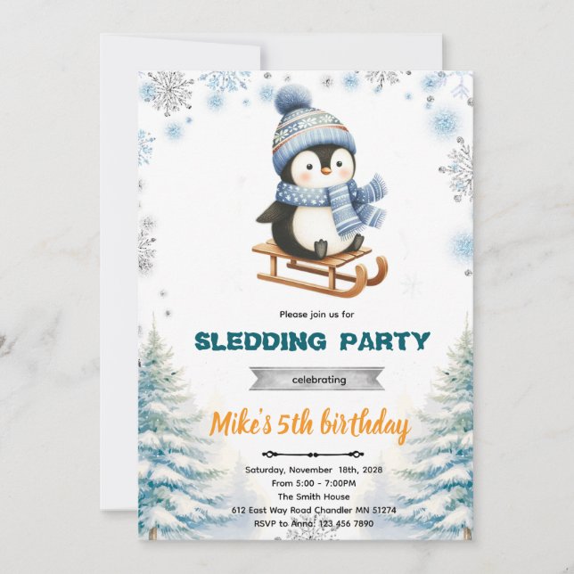 Convite Winter penguin sledding invitation (Frente)